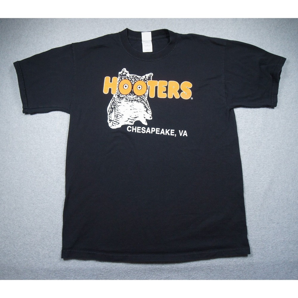 Vintage Hooters Shirt Mens Large Black Chesapeake Virginia Owl Logo Restaurant